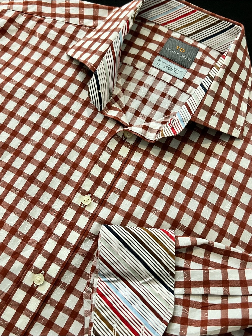 Thomas Dean Mens XL Brown Gingham Button Down Shirt Cotton Striped Trim TD Logo